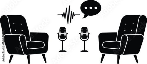 Studio interview, podcast, live show on set with armchairs and microphones 