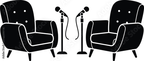 Studio interview, podcast, live show on set with armchairs and microphones 