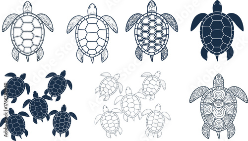 Sea turtle vector set, marine animal illustration, ocean wildlife clipart, aquatic reptile design, stylized shell patterns, underwater nature art, black silhouette icons