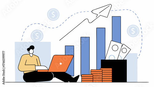A modern flat illustration of a young person sitting on gold coins, working on a laptop surrounded by cash, charts, and symbols of growth. A bright, business-themed design symbolizing success and inve