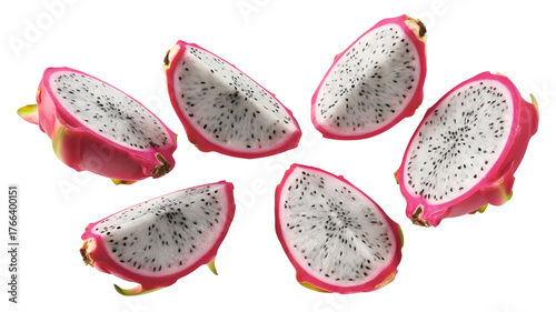 Several slices of dragon fruit isolated on transparent background