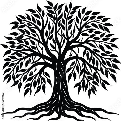 Black silhouette of a willow tree with long hanging branches. Ideal for nature and wellness designs, meditation themes, poetic artwork, eco branding, minimalist logos, and calm landscape illustrations