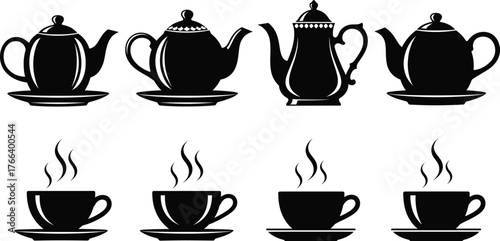 Teapot and teacup silhouette set, black and white tea vector, steaming cup design, vintage kitchen graphic, elegant beverage icon collection