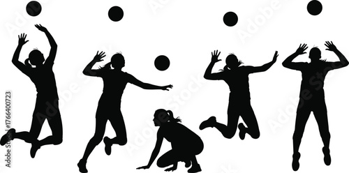 Volleyball silhouette vector, athlete action poses, sports movement clipart, dynamic player illustration, black icons, jump spike serve receive block design