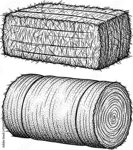 Vintage sketch of rectangular and round hay bales, detailed farm illustration of straw bundles, agricultural harvest drawing, rural countryside concept
