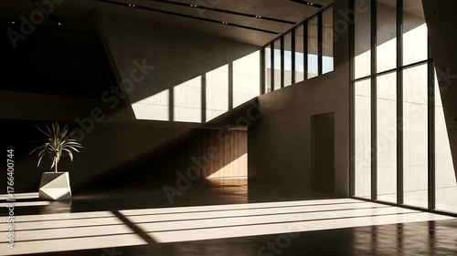 Modern architectural interior showcasing natural light casting shadows in a minimalist space