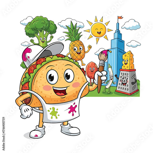 Funny Cartoon Taco Painting A Mural Isolated On White Background