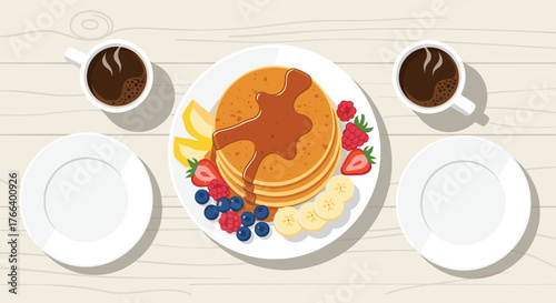 A delicious pancake breakfast with berries and coffee, perfect for a cozy morning or weekend brunch celebration with a friend