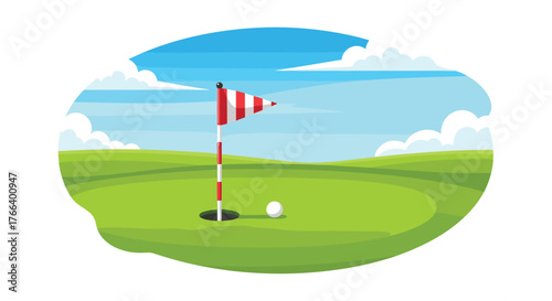 A relaxing day golfing on a bright green course with sunny skies and a hole just waiting to be conquered for the win