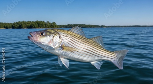 A striped bass fish swimming in clear blue water with a forested shoreline in the background.
