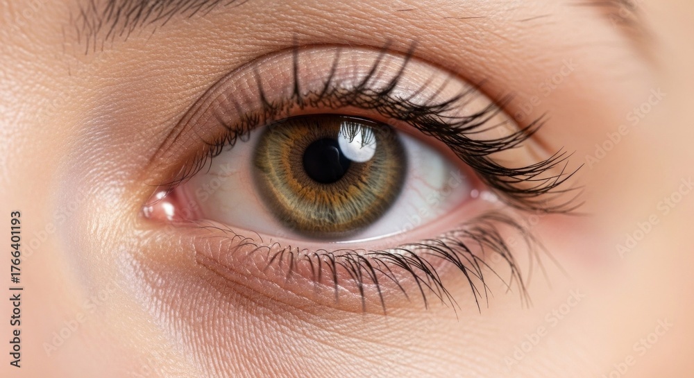 Fototapeta premium A close-up of a woman's eye with long, dark eyelashes and a green iris, set against a blurred background.