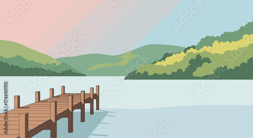 Find peace in nature with a tranquil lake scene and wooden pier, perfect for relaxation and escape to the countryside during a serene sunset