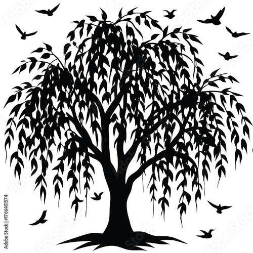 Black silhouette of a willow tree with long hanging branches. Ideal for nature and wellness designs, meditation themes, poetic artwork, eco branding, minimalist logos, and calm landscape illustrations