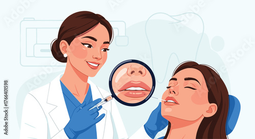 Lip augmentation for beauty enhancement performed by doctor in clinic using magnifying glass for perfect results and a gorgeous smile now