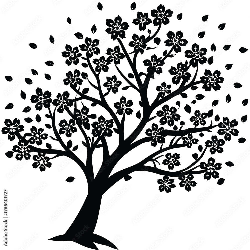 Obraz premium Black silhouette of a cherry blossom tree with delicate branches and flowers. Perfect for spring designs, Japanese themes, nature logos, wellness brands, and minimalist illustrations.