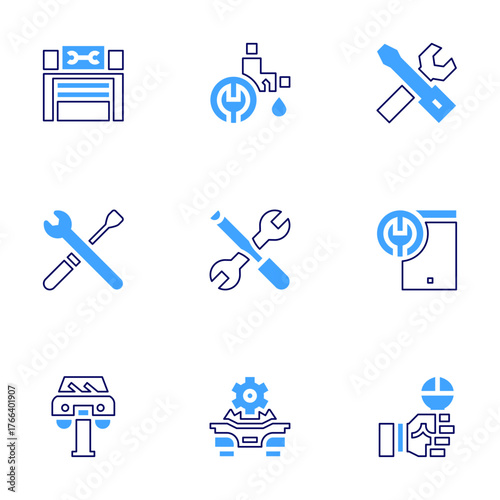 Repair icon set. Bold line style. Duotone colors. Editable stroke. workshop, duct, under maintenance, tools, car repair, tablet, repair
