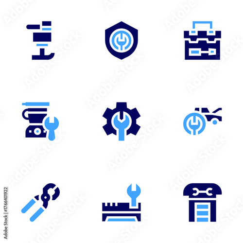 Repair icon set. Bold style. Duotone colors. kitchen robot, wrench, pincers, repair, car repair, repairing, shield, plate compactors, toolbox
