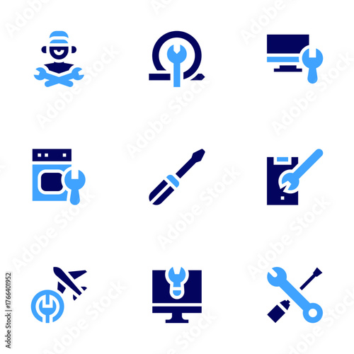Repair icon set. Bold style. Duotone colors. tv, repair, mobile, technician, screwdriver, wrench, dryer, fix, plane
