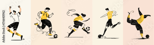 Creative hand drawn football players in action, sketch doodle style