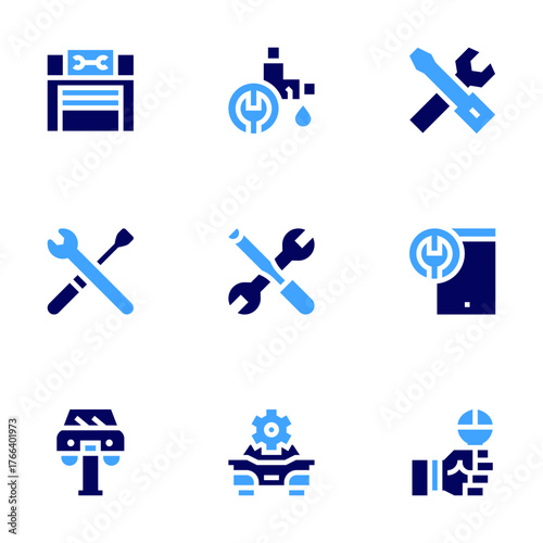 Repair icon set. Bold style. Duotone colors. workshop, duct, under maintenance, tools, car repair, tablet, repair