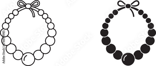 Vector art of outline and silhouette of a pearl necklace with a bow, icon on