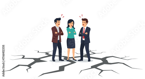 Frustrated business team arguing over shaky ground, highlighting conflict and disagreement in modern workforce with team dynamic challenges