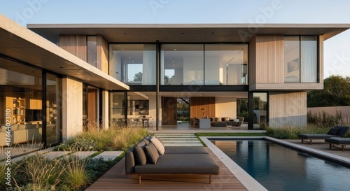 Wallpaper Mural A modern, minimalist house with large glass windows and a wooden deck, featuring a swimming pool and a patio area with a lounge chair and a table. Torontodigital.ca