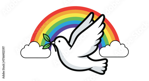 Celebrate peace and pride with a symbolic dove carrying an olive branch beneath a vibrant rainbow, embodying hope and unity for a brighter future