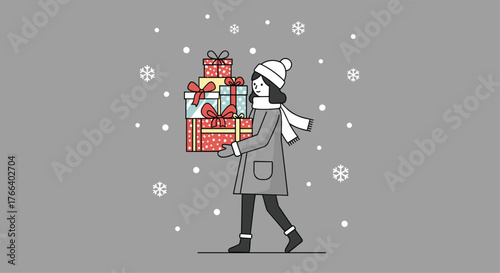 Girl carrying stack of Christmas presents in winter wonderland snow, spreading holiday cheer and joy, perfect for seasonal marketing campaigns
