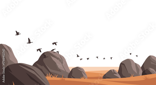 Flock of birds flying above rocks in desert landscape creating a feeling of freedom and tranquility for travel and adventure designs