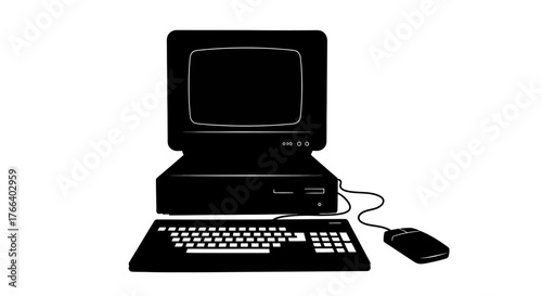Retro computer system with monitor, keyboard, and mouse on white background