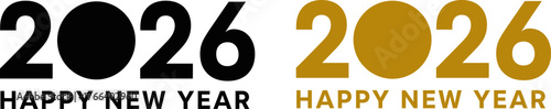 Bold and stylized 2026 numbers in black and gold with happy new year text below for festive celebrations