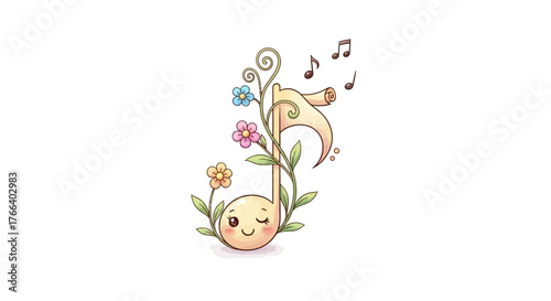 Whimsical musical note character blooms with flowers and leaves, conveying a sense of joy and creativity.