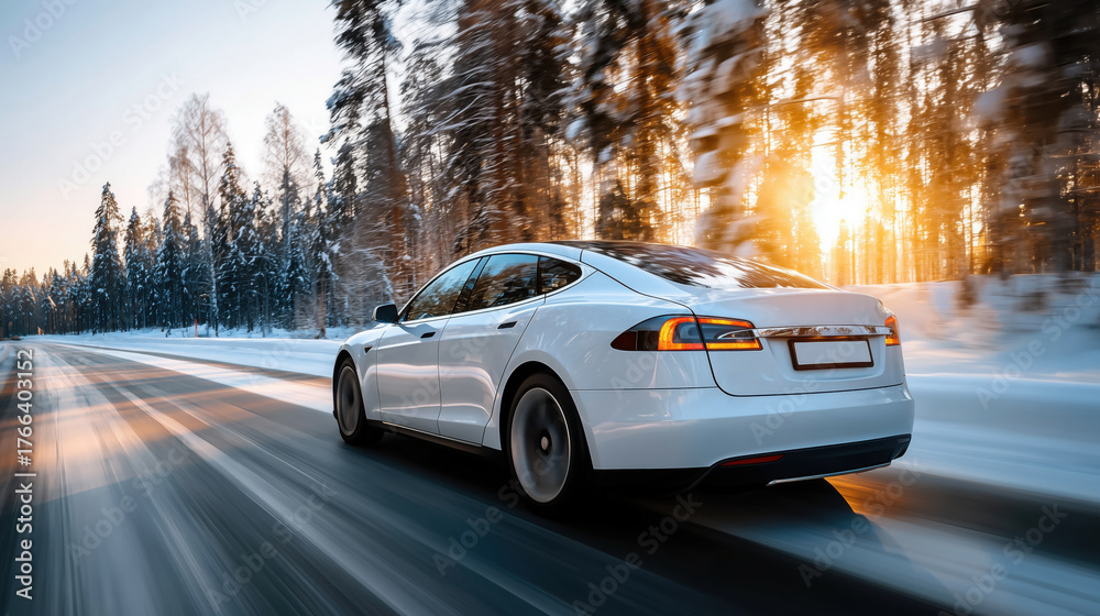 Fototapeta premium White hybrid or electric car is driving down a snowy road. The car is moving fast and the sun is shining brightly in the background. The scene is peaceful and serene