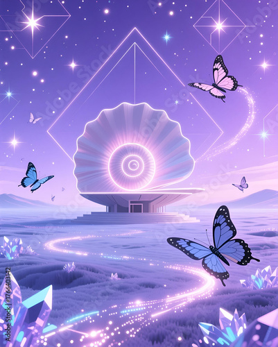Wallpaper Mural An ethereal landscape featuring a vast, unbroken expanse of luminous crystal plains under a violet sky dotted with sparkling geometric patterns. In the center, a massive minimalist structure resemblin Torontodigital.ca