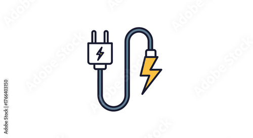 Electric plug and cable with lightning bolt symbol for power and energy concept