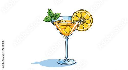 Refreshing cocktail with ice, lemon slice, and mint garnish on white background