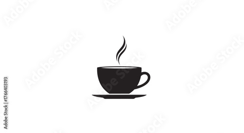 Steaming hot coffee in a black cup and saucer, evoking warmth and comfort.