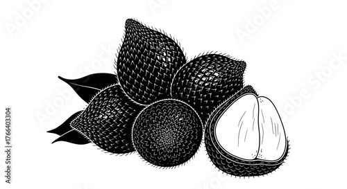Exotic snake fruit cluster with one sliced open, revealing creamy white flesh and seeds.