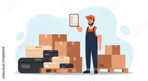 Delivery driver with boxes and clipboard providing excellent service in a timely manner with a happy attitude and modern design aesthetics