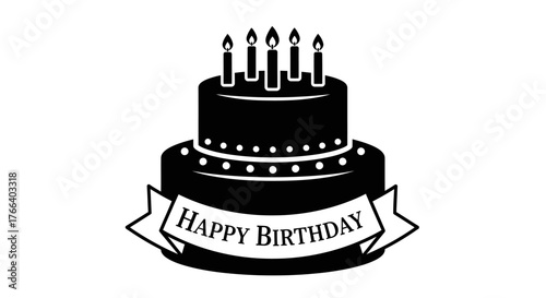 Festive two-tier birthday cake with lit candles and celebratory banner