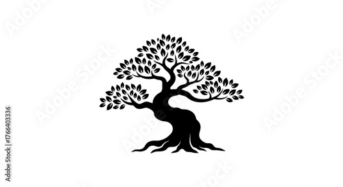 Stylized silhouette of a mature, twisted tree with abundant leaves against a white background.