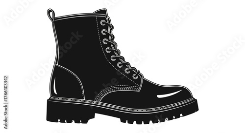 Shiny black leather lace-up boot on a white background, showcasing stylish footwear.