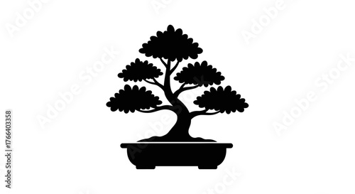 Elegant black silhouette of a miniature bonsai tree in a pot, symbolizing nature and art
