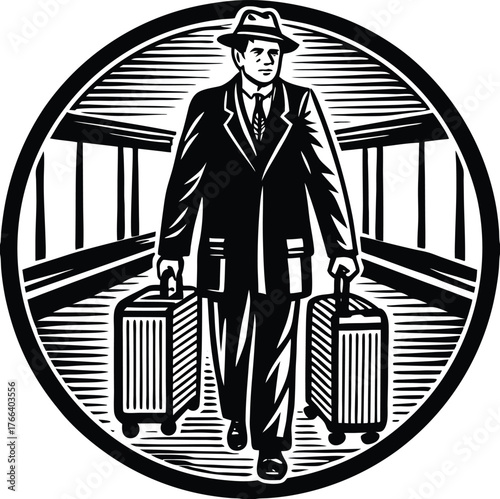 Man in suit walking with luggage silhouette