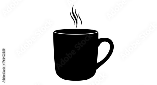 Steaming black mug of hot beverage on white background
