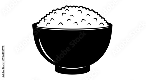 Simple black bowl filled with white rice, a staple food