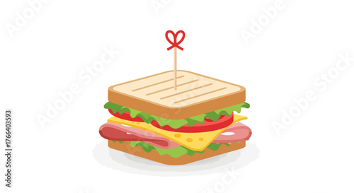 Delicious grilled sandwich with cheese, ham, lettuce, and tomato on a toothpick