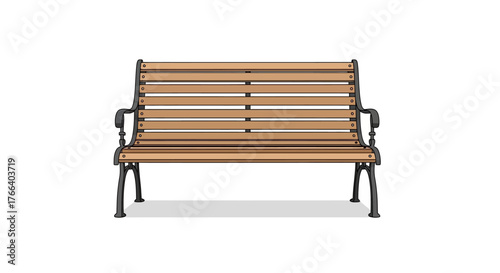 Classic wooden park bench with ornate metal legs isolated on white background