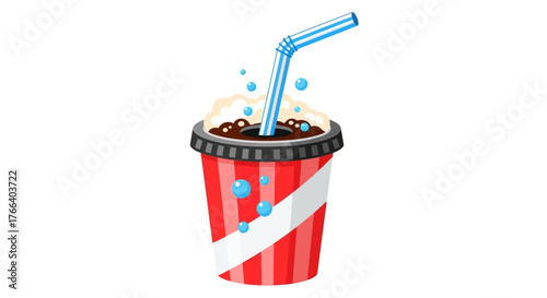 Refreshing soda drink with straw and bubbles in a striped cup, perfect for summer refreshment.